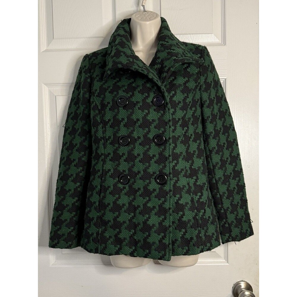 VTG Forever 21 S Pea Coat Green Black Houndstooth Wool Blend PocketY2K Academia